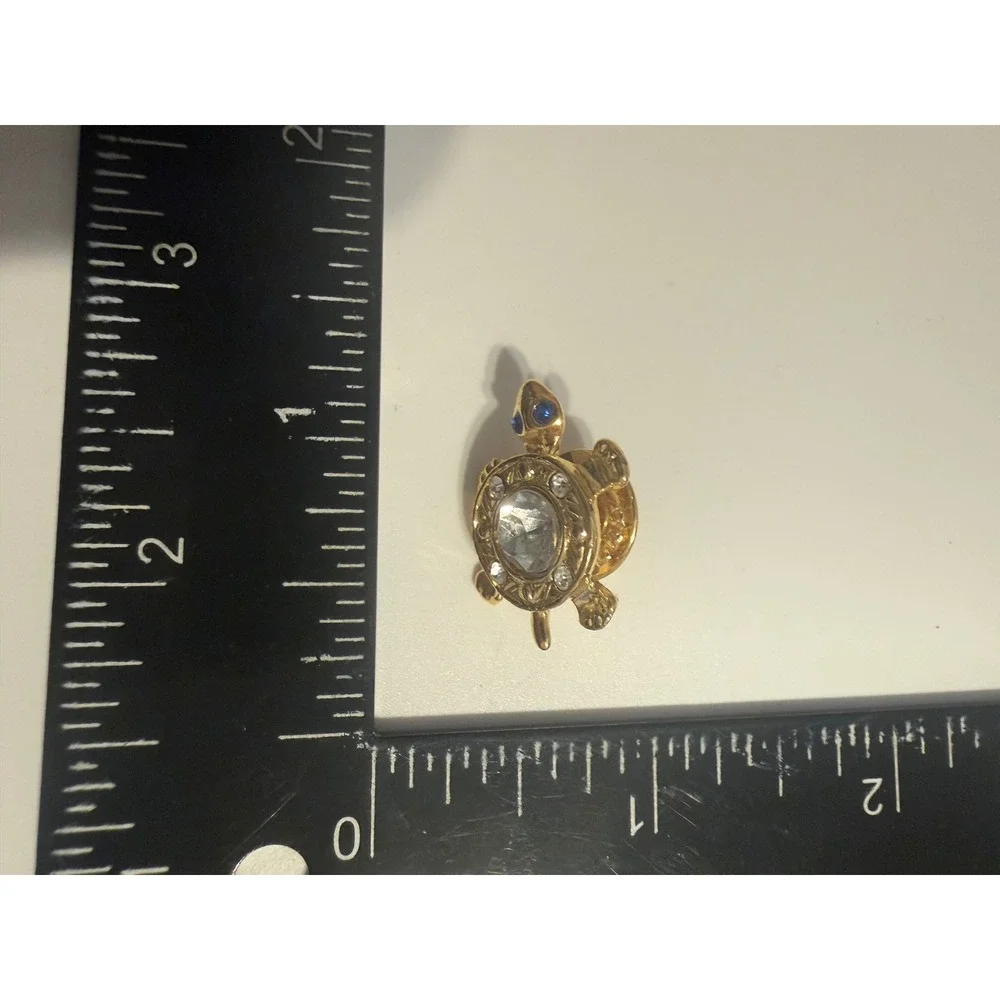 Vintage Gold Tone Turtle Pin Rhinestone Blue Eyes Tortoise Animal Brooch Tiny